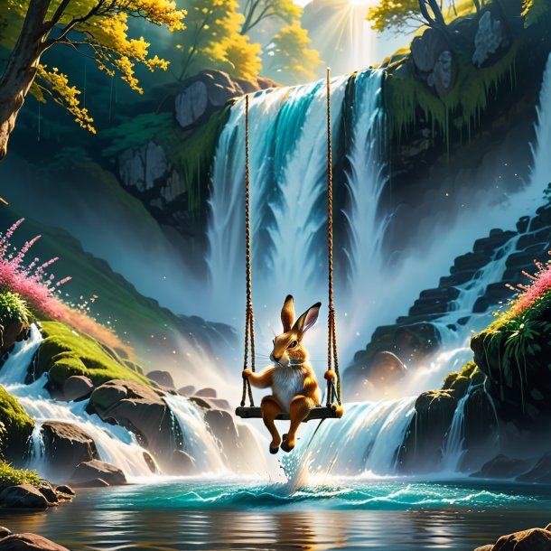 Pic of a swinging on a swing of a hare in the waterfall