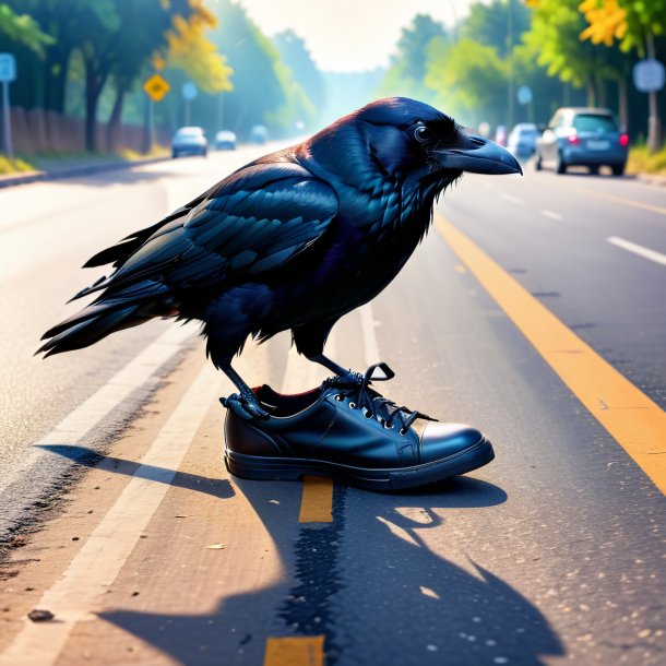 Picture of a crow in a shoes on the road