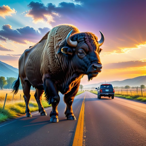 Pic d'une attente d'un bison sur la route