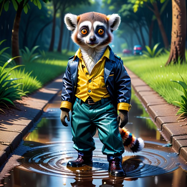 Illustration of a lemur in a trousers in the puddle