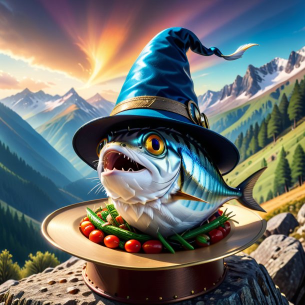 Image of a sardines in a hat in the mountains