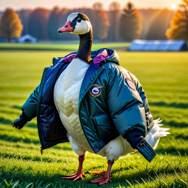 Imagem de um ganso em uma jaqueta no campo