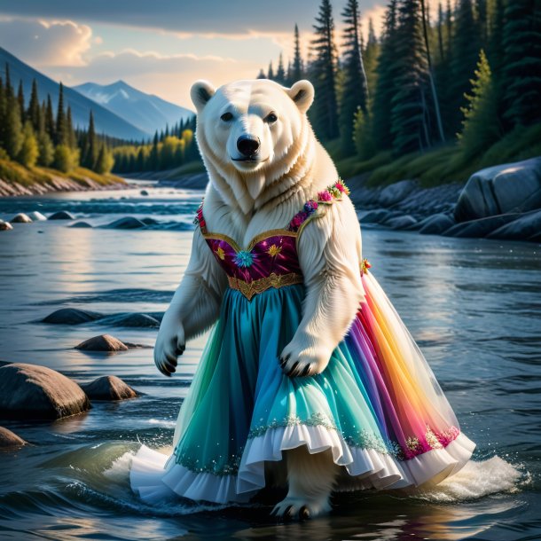 Image of a polar bear in a dress in the river