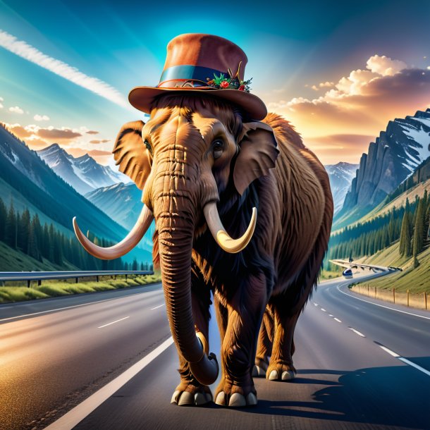 Foto de un mamut en un sombrero en la carretera