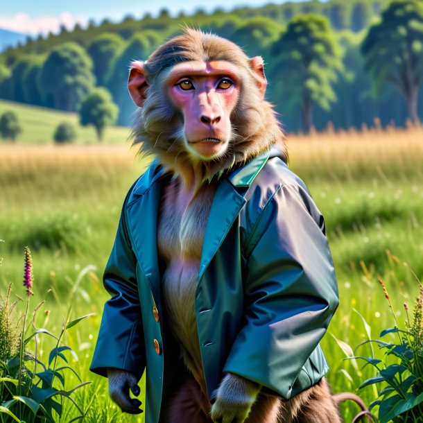 Pic d'un babouin dans un manteau dans la prairie