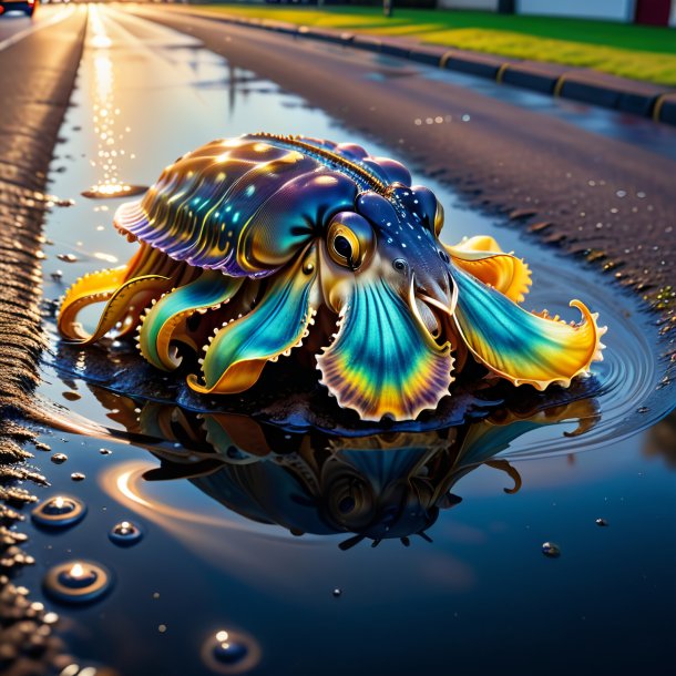 Drawing of a cuttlefish in a belt in the puddle