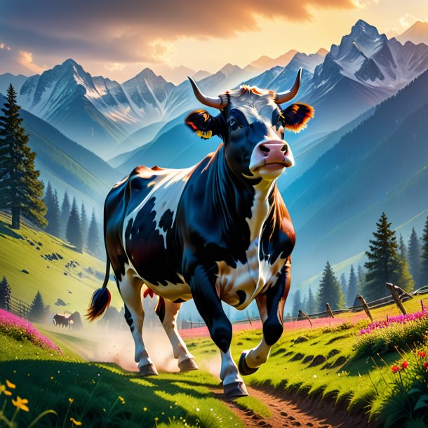 Pic d'une danse d'une vache dans les montagnes