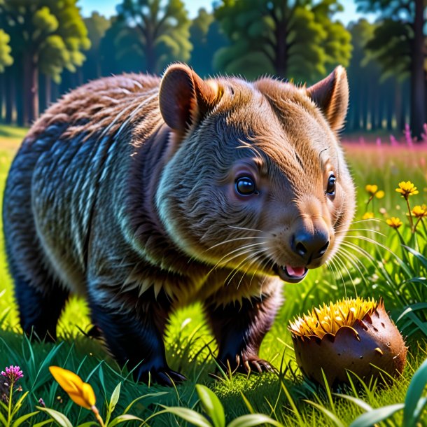 Imagen de un comer de un wombat en el prado