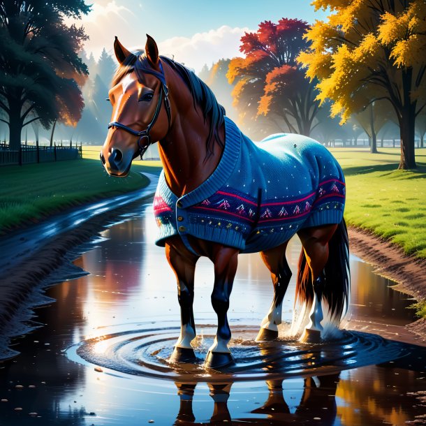 Illustration of a horse in a sweater in the puddle