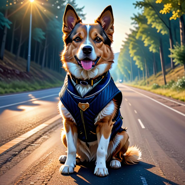 Illustration of a dog in a vest on the road