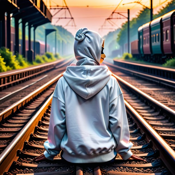 Photo of a swan in a hoodie on the railway tracks