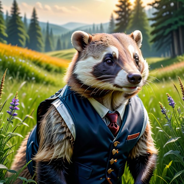 Picture of a badger in a vest in the meadow