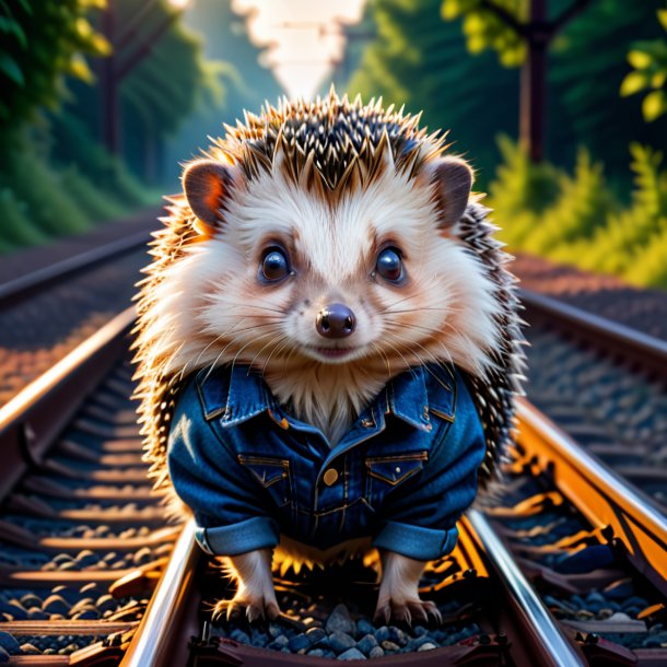 Foto de um ouriço em um jeans nos trilhos ferroviários