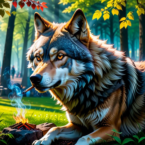 Photo of a smoking of a wolf in the park