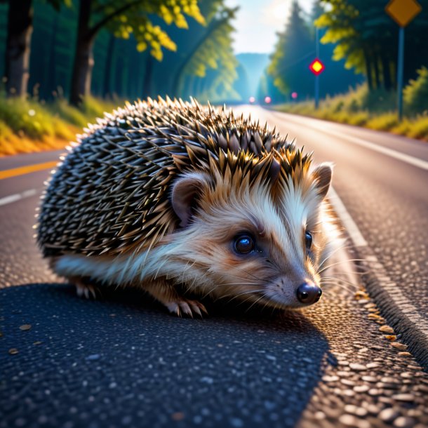 Image of a resting of a hedgehog on the road