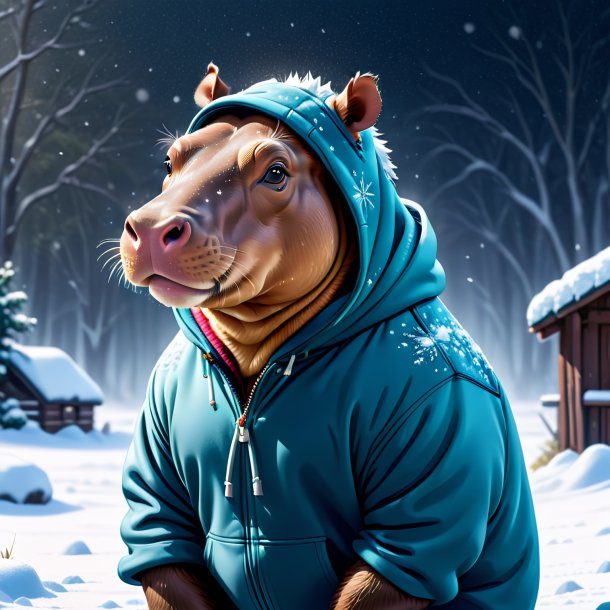 Illustration of a hippopotamus in a hoodie in the snow