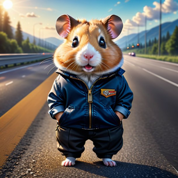 Drawing of a hamster in a trousers on the highway