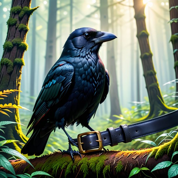 Pic of a crow in a belt in the forest