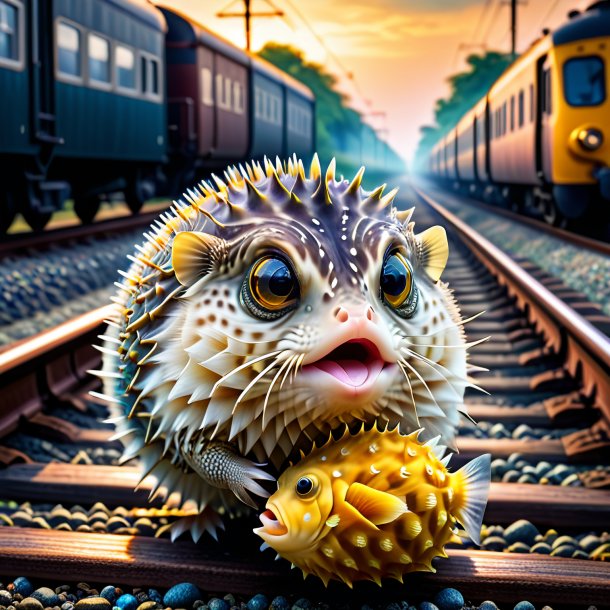 Image of a drinking of a pufferfish on the railway tracks