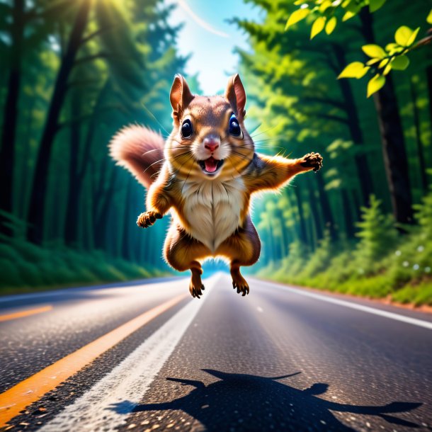 Pic of a jumping of a flying squirrel on the road