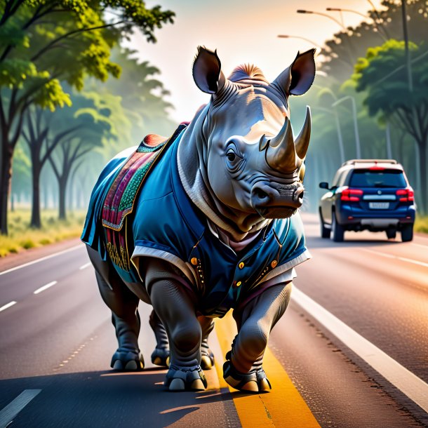 Pic of a rhinoceros in a vest on the road