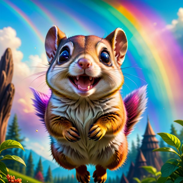 Image of a smiling of a flying squirrel on the rainbow