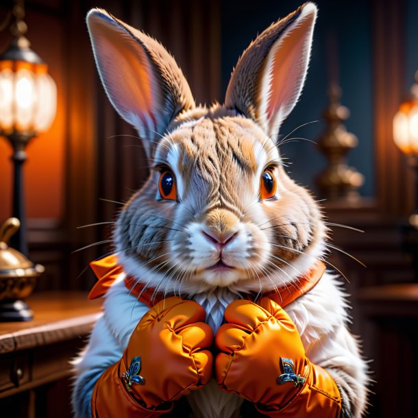 Foto de un conejo en guantes de naranja