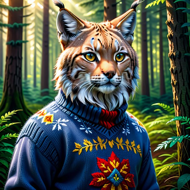 Illustration of a lynx in a sweater in the forest