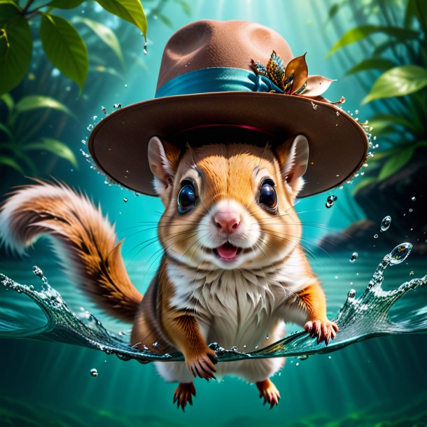 Photo of a flying squirrel in a hat in the water