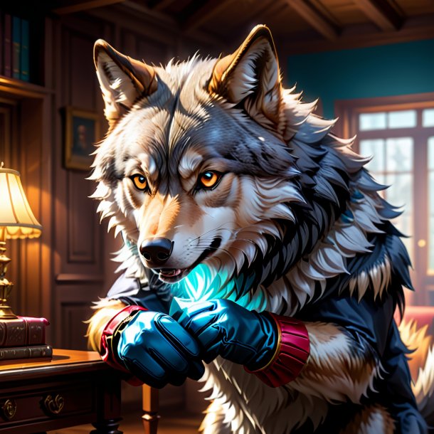 Illustration of a wolf in a gloves in the house