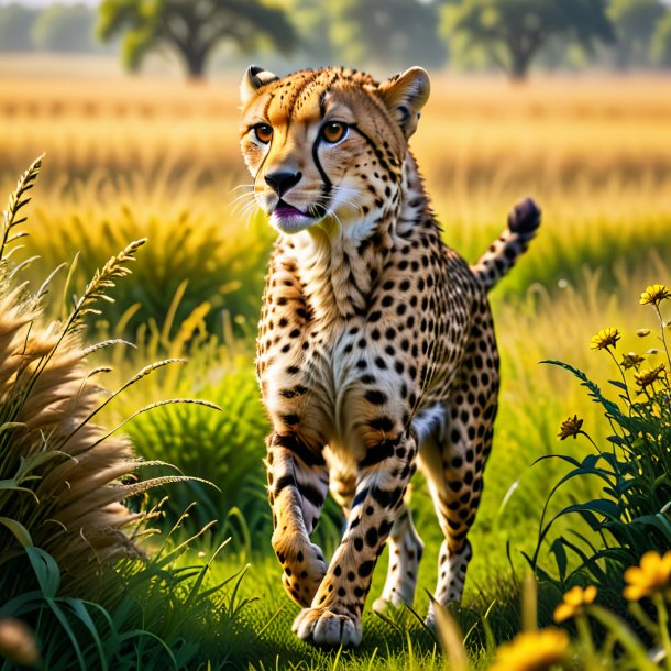 Pic d'une danse d'un guépard dans la prairie