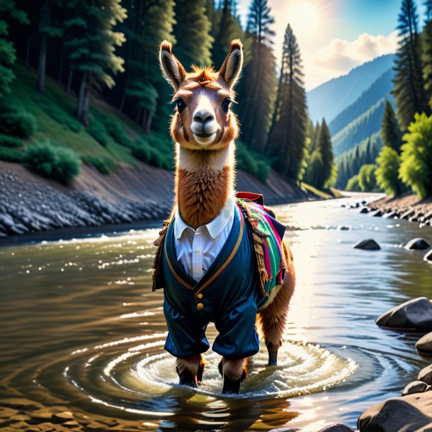 Photo of a llama in a trousers in the river