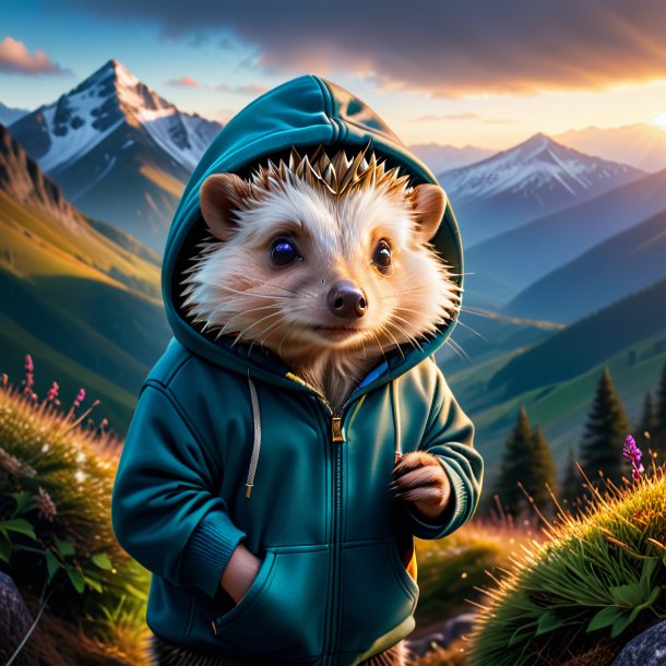 Image of a hedgehog in a hoodie in the mountains