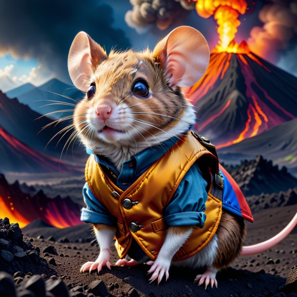 Photo of a mouse in a vest in the volcano