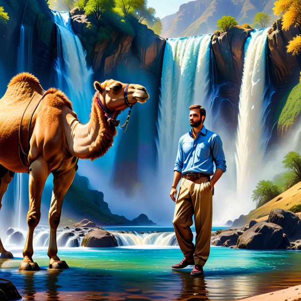 Drawing of a camel in a trousers in the waterfall