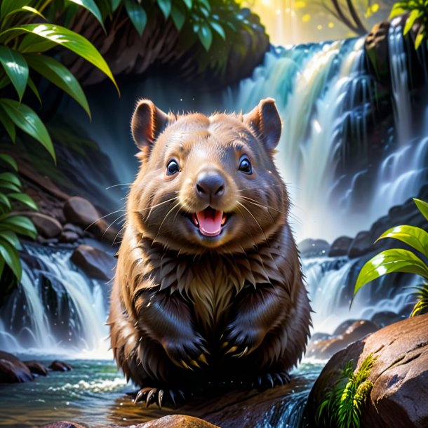 Image of a smiling of a wombat in the waterfall