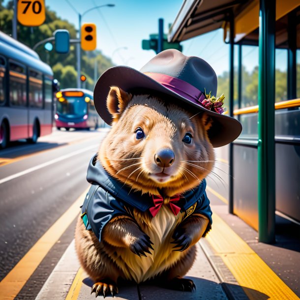 Imagen de un wombat en un sombrero en la parada de autobús