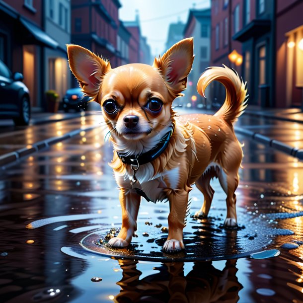 Illustration of a chihuahua in a gloves in the puddle