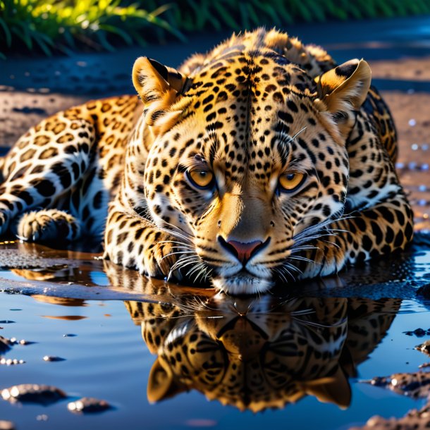 Photo of a sleeping of a leopard in the puddle