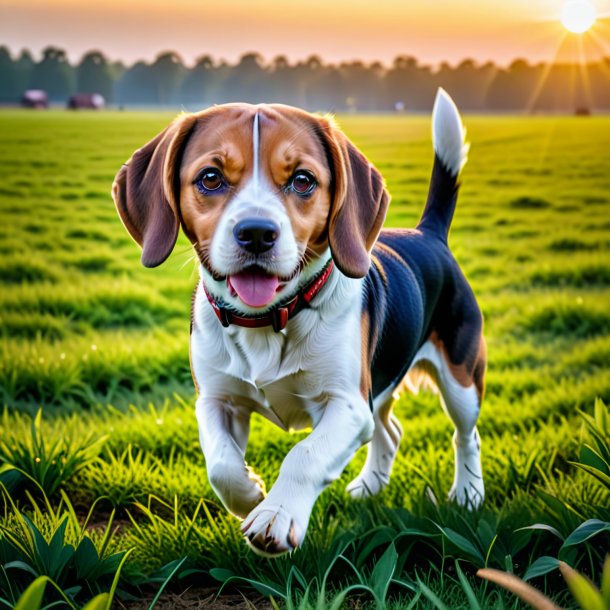 Photo of a playing of a beagle on the field