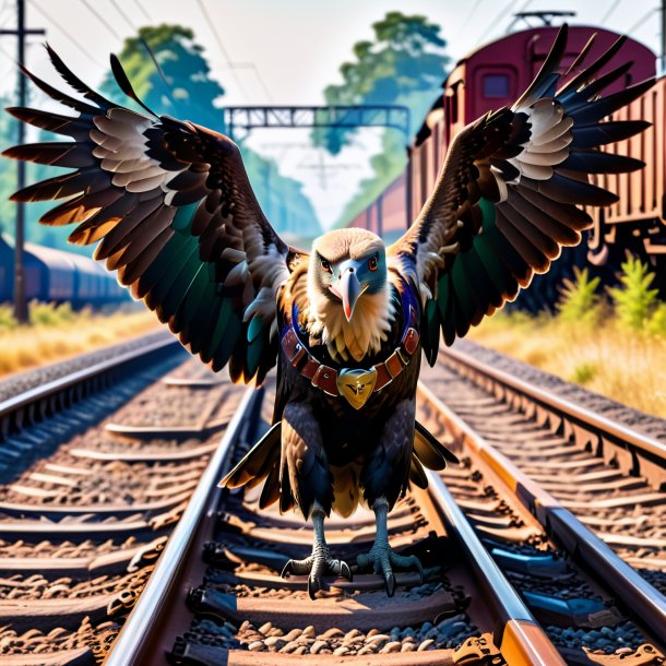 Picture of a vulture in a belt on the railway tracks