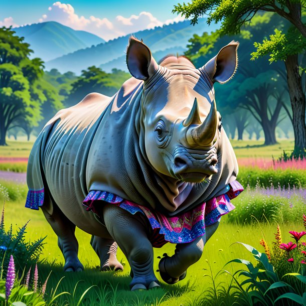 Photo of a rhinoceros in a skirt in the meadow