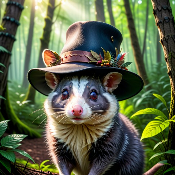 Pic d'un opossum dans un chapeau dans la forêt