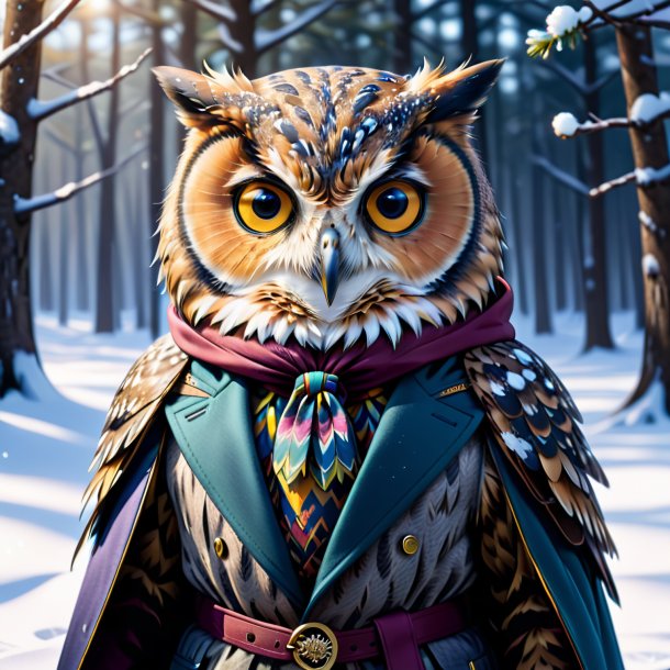 Drawing of a owl in a coat in the snow