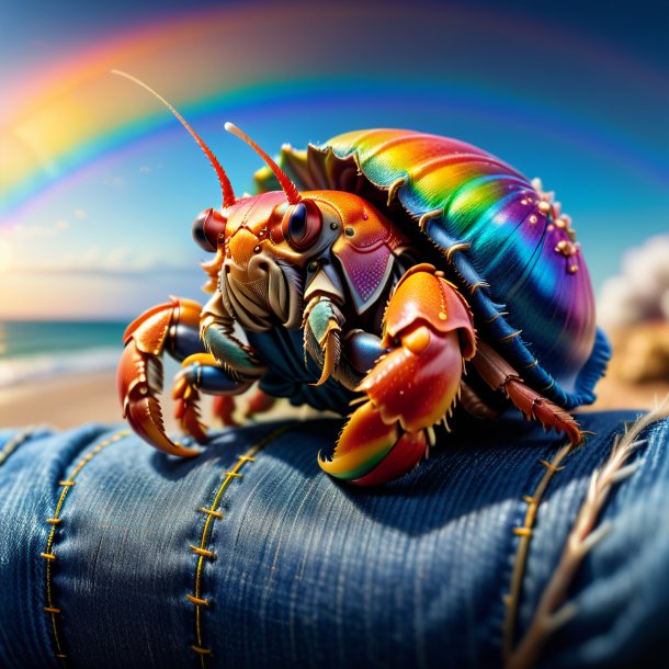 Image d'un crabe ermite dans un jean sur l'arc-en-ciel