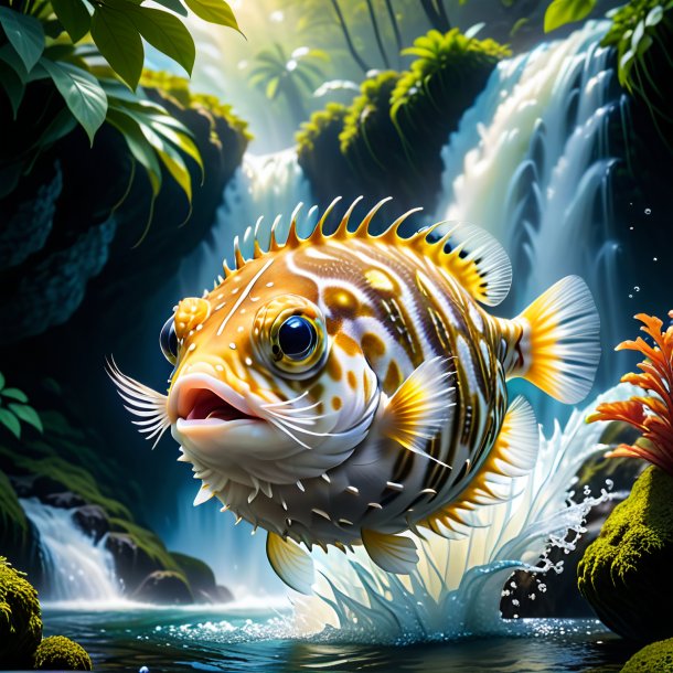 Picture of a jumping of a pufferfish in the waterfall