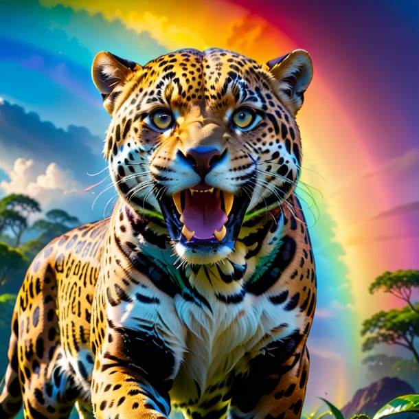 Image of a smiling of a jaguar on the rainbow