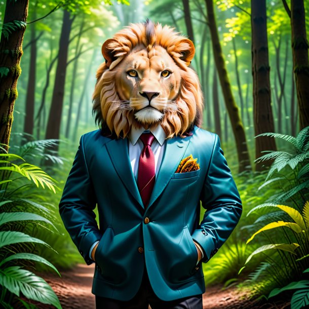 Foto de un león en una chaqueta en el bosque