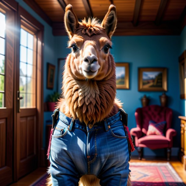 Photo of a llama in a jeans in the house