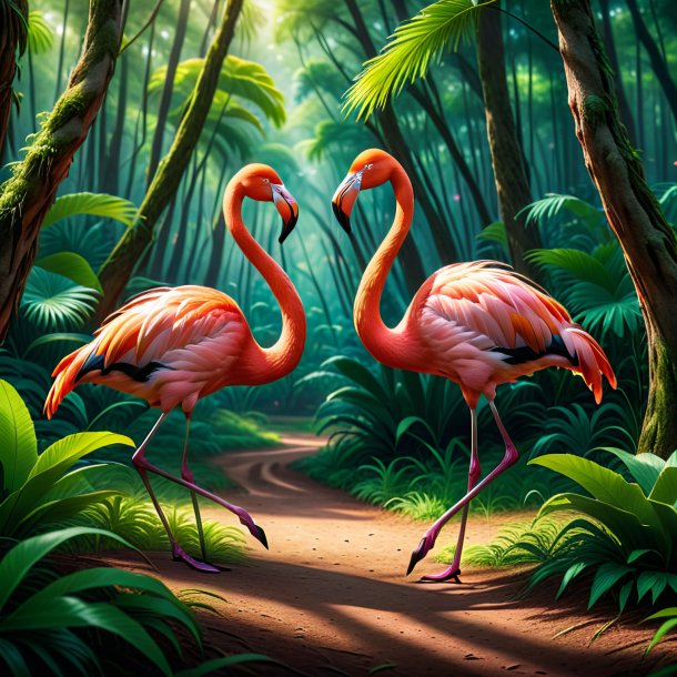 De uma dança de um flamingo na floresta